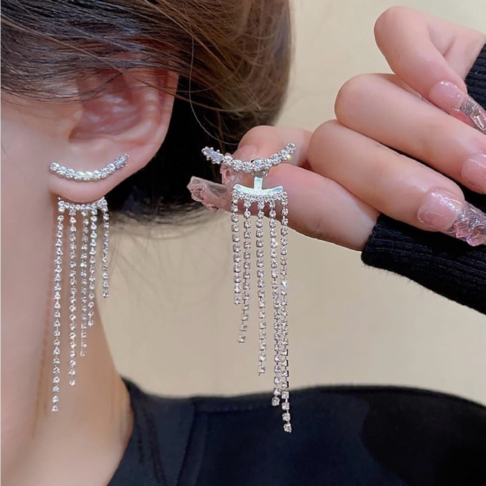 Silver Rhinestone Dangle Earrings - Picture 2 of 4